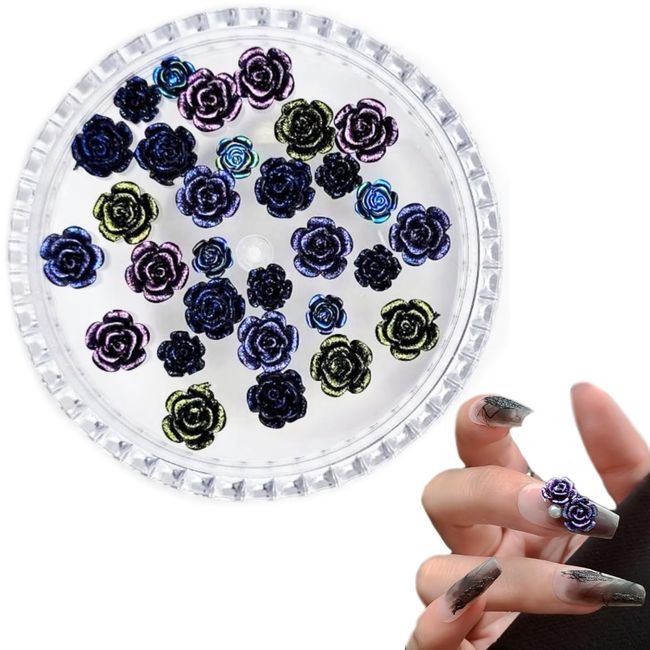 3D Flower Nail Studs 30pcs Shiny Black Rose Charms 2 Sizes Nails Jewelry Supplies for DIY Acrylic Nail Art Decorations Designs Crafting Accessories