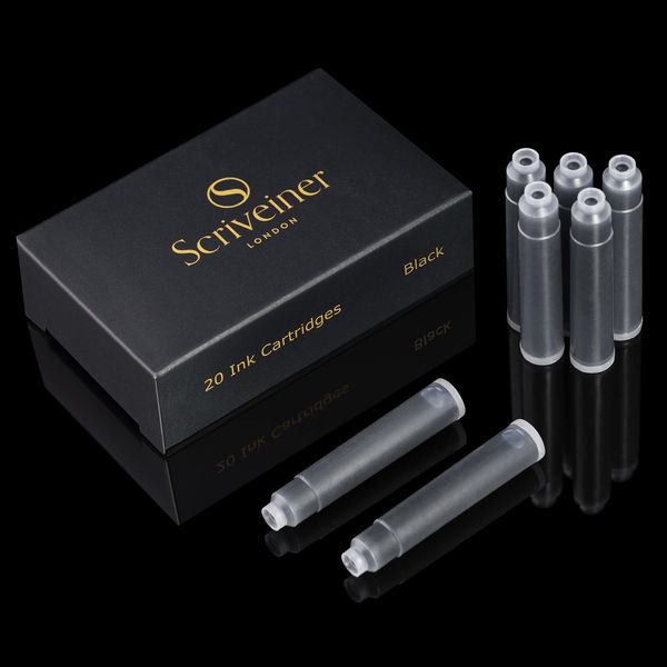 Scriveiner Fountain Pen Ink Cartridges - Black - 20 Standard International, Made in UK, The Best Cartridge for Your Scriveiner Pen, Refill Size Fits A Wide Range of Fountain Pens