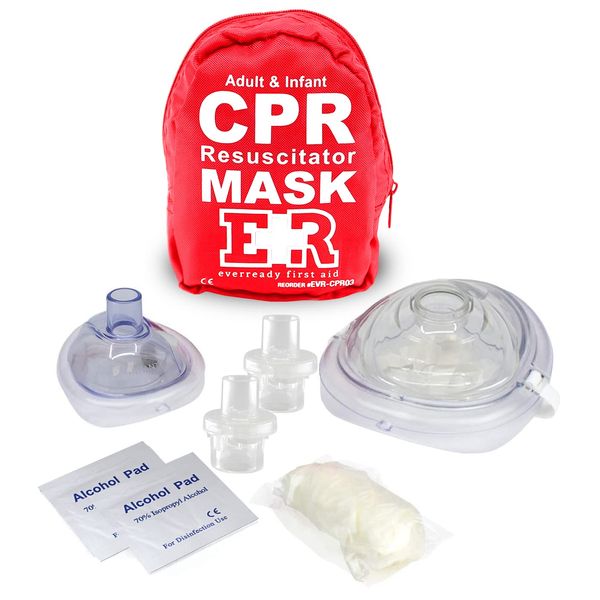 Ever Ready First Aid Adult and Infant CPR Mask Combo Kit with 2 Valves with Pair of Vinyl Gloves & 2 Alcohol Prep Pads - Red