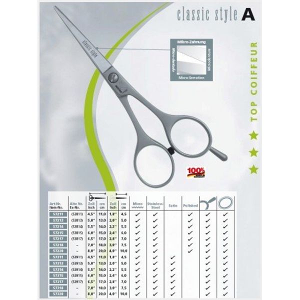 Kretzer Hair Classic Style A 57211 (53811) 4.5"/ 11cm - Professional Hairdressing Scissors ~ Shears, Polished