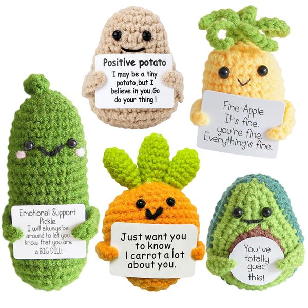 Urbun Positive Potato Crochet Doll,Emotional Support Pickle Cucumber,5PCS Encouragement Support Vegetables and Fruits Knitted Dolls with Positive Card