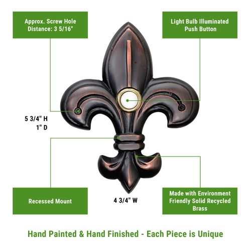 Waterwood Solid Brass Medium Fleur De Lis Doorbell in Oil Rubbed Bronze - Wired & Illuminated Push Button - Environmentally Friendly Recycled Material