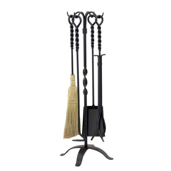 Black Wrought Iron Twist 5-Piece Fireplace Tool Set w/Heavy Duty Cast Iron Const