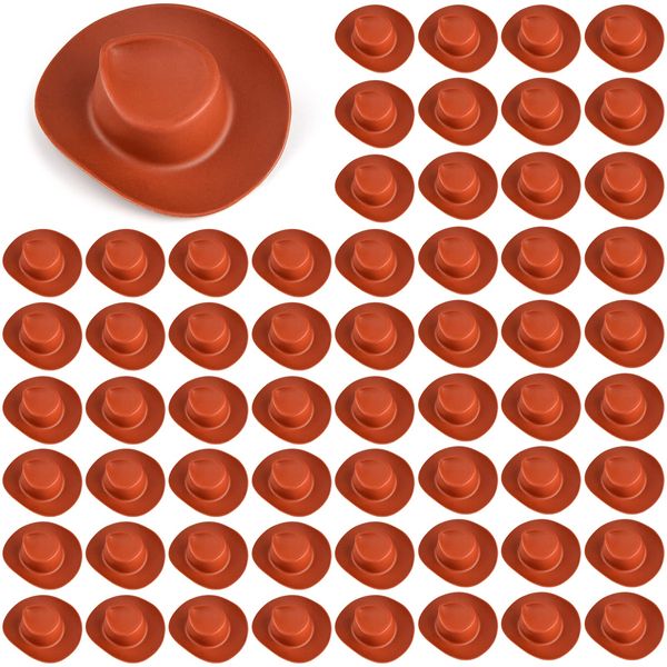 60 Pieces Plastic Mini Western Cowboy Hats Cowgirl Hats, Miniature Cute Toy Doll Hats Doll Dress Up Party Accessories for Dollhouse Decor (Brown)