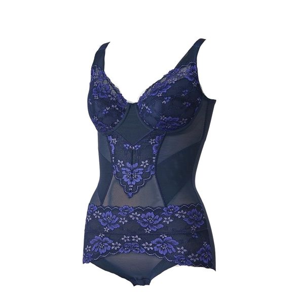 Nissen Women's Bodysuit, Full Cup, Tummy Control, Made in Japan Lace (Triump) Inner, royal navy