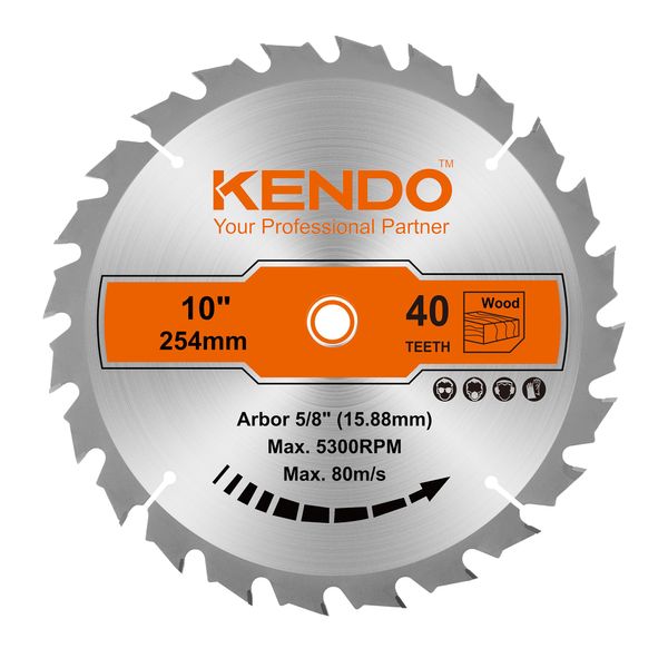 KENDO 1-Pack 10 Inch 40T Carbide-Tipped Circular Saw Blade with 5/8 Inch Arbor, Professional ATB Finishing Woodworking Miter/Table Saw Blades for Plywood, Laminate, Ripping Wood