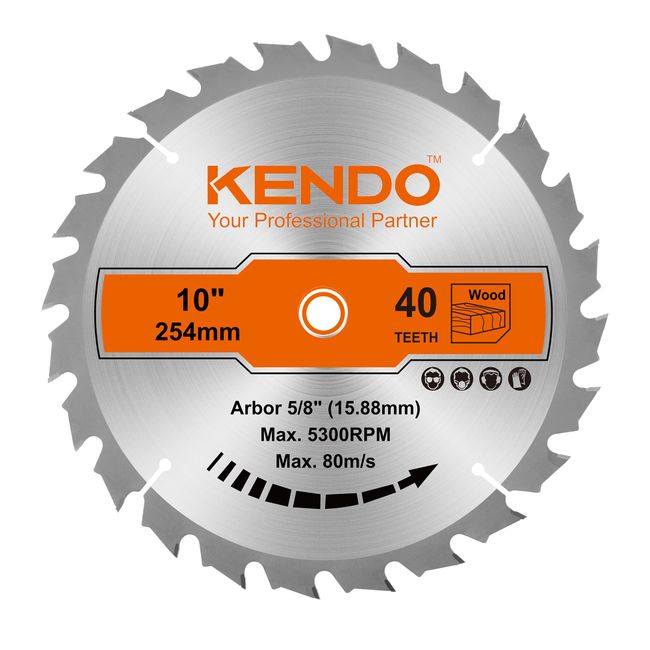 KENDO 1-Pack 10 Inch 40T Carbide-Tipped Circular Saw Blade with 5/8 Inch Arbor, Professional ATB Finishing Woodworking Miter/Table Saw Blades for Plywood, Laminate, Ripping Wood