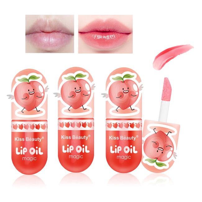 3Pcs Temperature Color Change Lip Gloss lipstick ,Hydrating Clear Color Changing Lip Oil Lipstick, High-Shine Peach Long Lasting Moisturizing Plumping Lip Tinted Gloss for Women