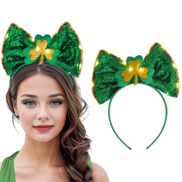 Foyte Light Up Bow Headband St. Patrick's Day Shamrock Headbands Glitter Irish Day Sequin Headpiece LED Women Headpiece for Party Cosplay Costumes