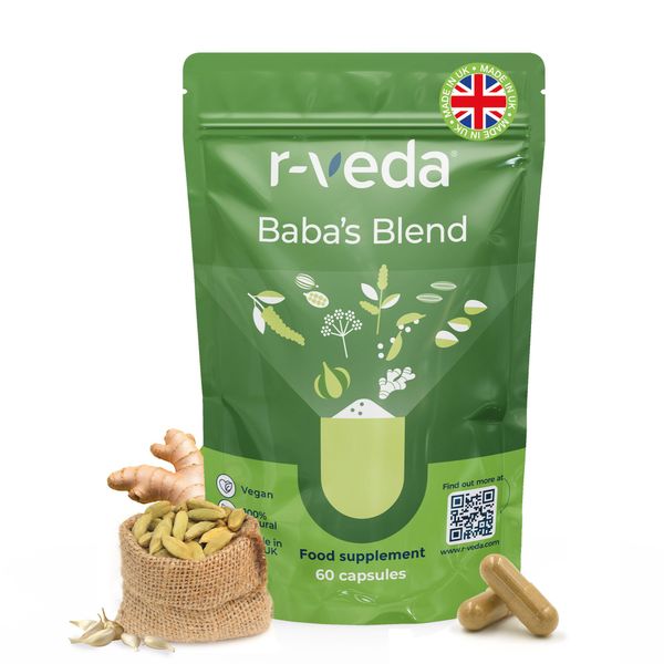 r-veda Baba’s Blend 9 Herb Blend for Digestive Health - 1 Month Supply – 60 Capsules Vegan Friendly Ayurvedic Herbs & Spices for Improved Digestion - Easy to Swallow - Made in The UK