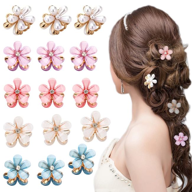 15 Pack Flower Hair Clips and Pearl Hairpin for Women, Cute Flower Barrettes Mini Hair Pins for Girls, Tiny Hair Claw Clips Decorations for Thin Hair Non-slip Hair Clips Hair Accessories for Thick Hair