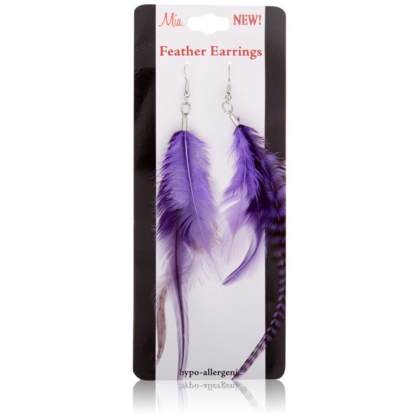 Mia Feather Earrings-Purple Color-3 Natural Feathers Per Earring-Approximately 5" Long-For Pierced Ears (1 set per package)