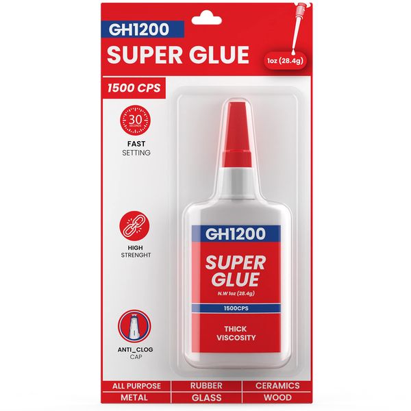 28 Grams 1500 CPS Super Glue All Purpose with Anti Clog Cap. Ca Glue - Adhesive SuperGlue. Cyanoacrylate Glue for Hard Plastics, DIY Craft, Metal 1 Oz