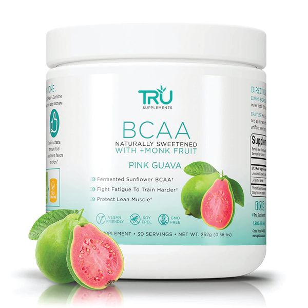 TRU BCAA Powder, Plant Based Branched Chain Amino Acids, Vegan Friendly, Zero Calories, No Artificial Sweeteners or Dyes, (30 Servings, Pink Guava)