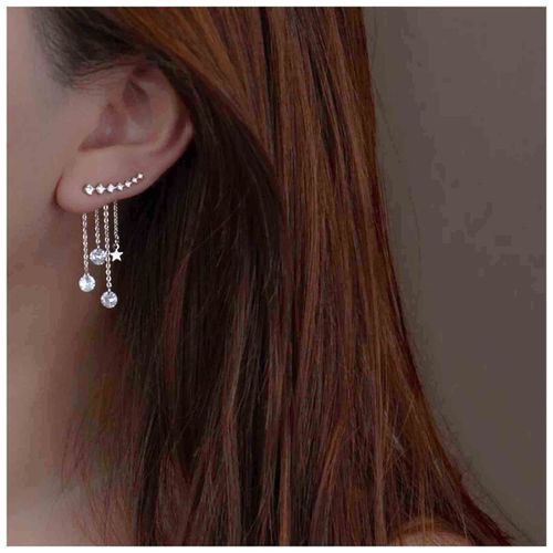 Yheakne Boho Star Ear Jacket Earrings Silver Cz Star Ear Climber Earrings Crystal Chain Tassel Earrings Crystal Ear Crawler Long Chain Earrings Jewelry for Women Gifts (Silver)