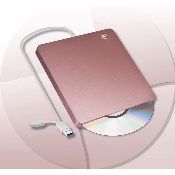 DVD/CD Drive, External USB3.0, Touch Suction Type, USB A/Type-C Compatible, DVD/CD/VCD Reading/Writing, Portable DVD Drive, Mac/Windows/Linux, Etc., High Speed, Thin DVD/CD Player (Pink)