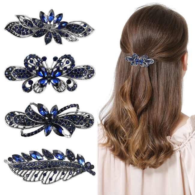 Blau Schmetterling Haarspange Vintage Kristall Haarspangen Blau Strass Dekor Blumen Blätter Hochzeit Haarklammern für Dickes Dünnes Haar Modisches Haarstylingfür Frauen und Mädchen 4 Stücke