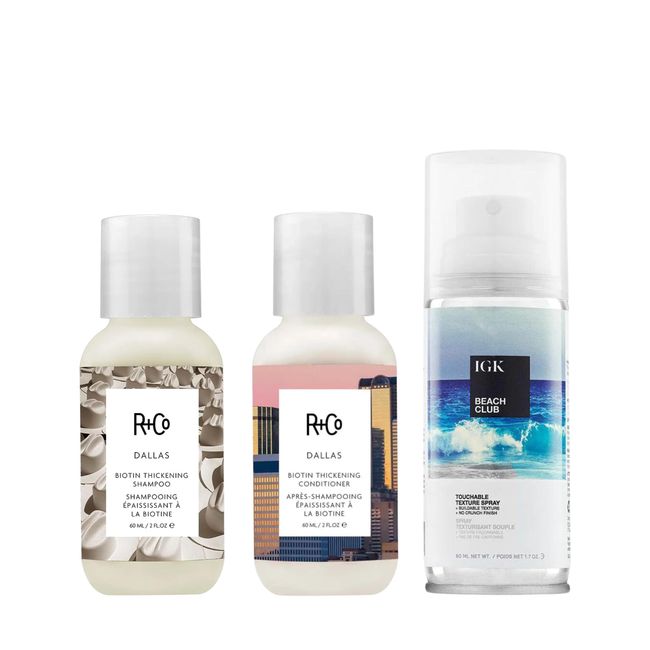 R+Co Travel Essentials|R+Co Dallas Shampoo and Conditioner Set (2 oz) + IGK Beach Club Touchable Texture Spray (1.7 oz) - Exclusive Beauty Collection For Hair Volume |Sayn Beauty