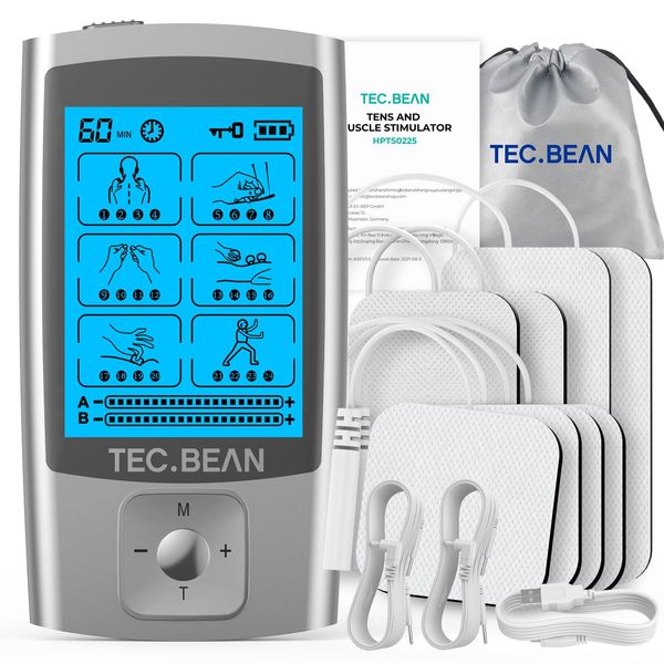 TEC.BEAN Dual Channel TENS Machine for Pain Relief, TENS Unit Muscle Stimulator with 24 Modes, 8pcs TENS Machine Pads Replacement