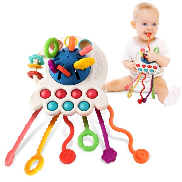 Hooku Montessori Toys for 1 Year Old, Sensory Toys for Babies, Food Grade Silicone Pull String Activity Toy, Fine Motor Toys, Travel Toys, Toddler Infant Girl Boy Gifts