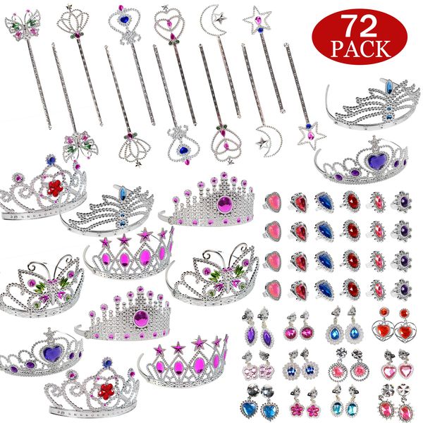 Nunki Toy Jewelry Toy,72 Pieces Princess Pretend Jewelry Toy Playset,Assorted Jewelry Dress Up Costume Toy Rings,Crowns,Wands Toys for Girls Princess Party Favors