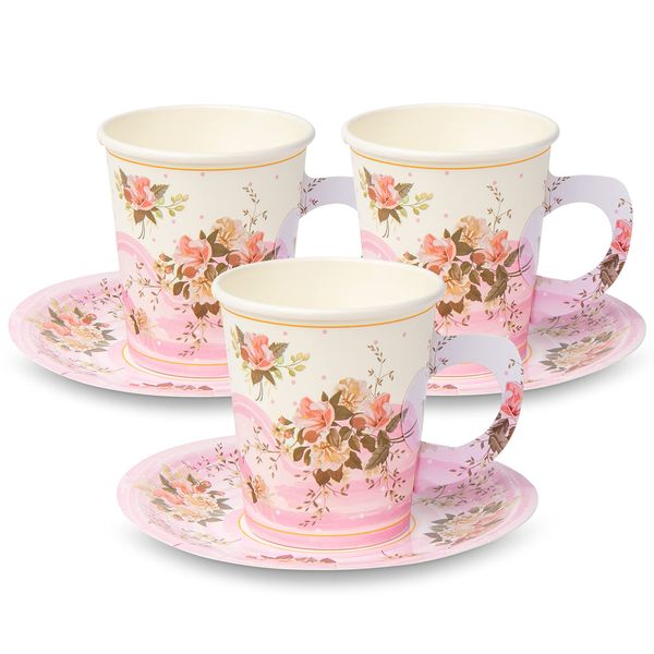 ROYAL BLUEBONNET Paper Tea Cup Set, 24 Disposable Teacups with Handles & Saucers, Floral Design for Hot & Cold Drinks, Tea Party Decorations, Tableware