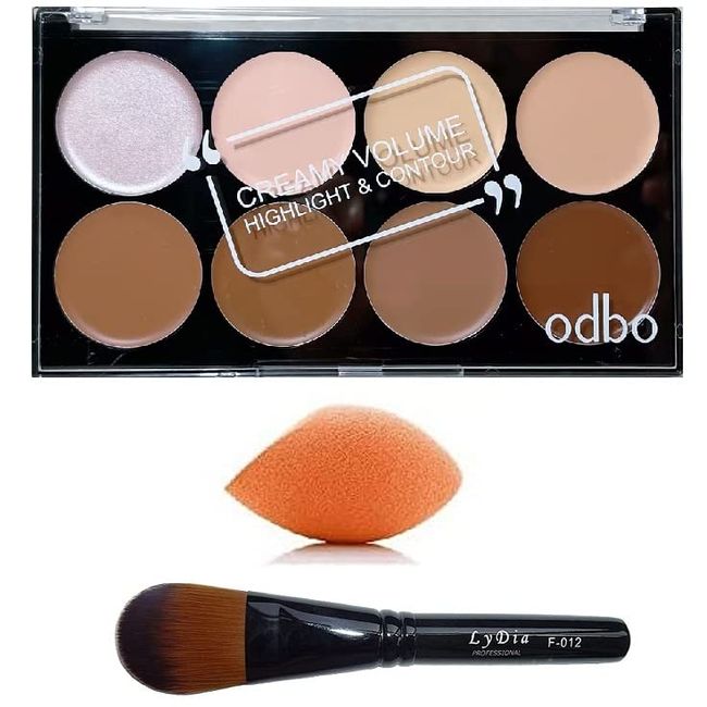 8 Colours Cream Foundation Concealer Highlighter Contour Palette + LyDia® Black Foundation/Concealer/Contour Brush + Mini Beauty Sponge Blender