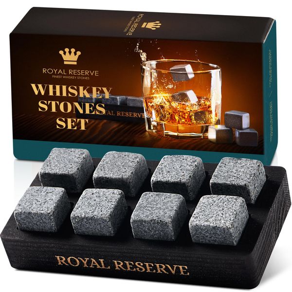 Whisky Gifts for Men – Reusable Whisky Stones Set in Black Wood Tray – Bourbon Ice Cubes, Chilling Stones - Retirement Gifts for Men Husband Friend Dad - Whiskey Stones Gift Set by Royal Reserve