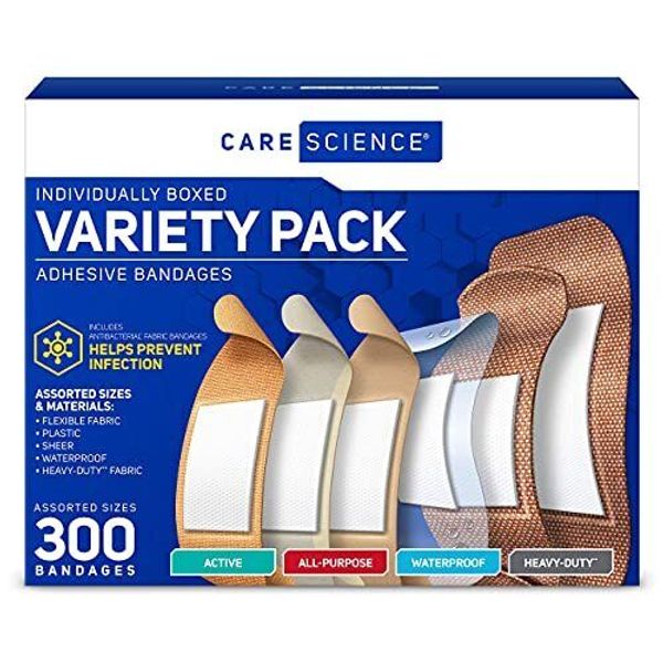 Variety Bandages Pack, 300 ct Bulk Assorted Sizes | Includes Active, All-Purp...