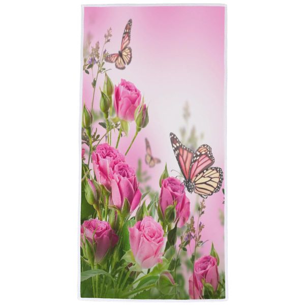 Vhcawsu Roses Butterfly Hand Towel Spring Floral Theme Towels Soft Bathroom Hair Drying Towels Highly Absorbent Bath Towel for Spa Gym Sport 16" X 30"