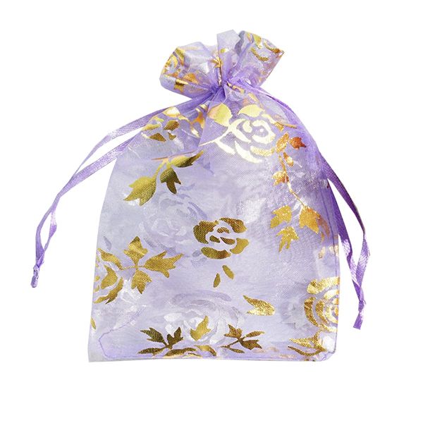 FAVORTALK Organza Gift Bags Gold Rose Patterned 10 x 15 cm Wedding Favor Bags Drawstring Jewelry Pouches Mesh Candy Bags for Party Birthday, Anniversary, Baby Shower ( Purple)