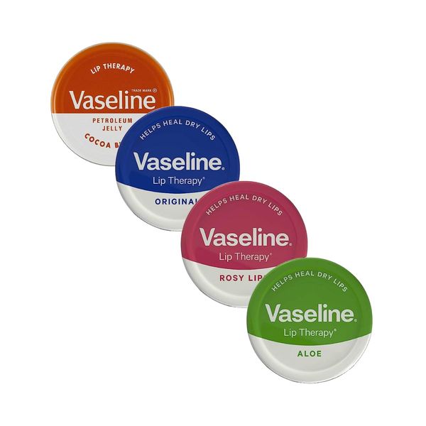 Vaseline Lippenbalsam – Petroleum Jelly – Lippentherapie – Original, Kokosbutter, Alo Vera und Rosy 20 g Dose – beruhigt trockene Lippen – 4 Stück