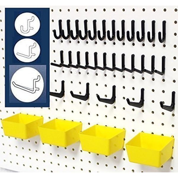 WallPeg 43 Pc. Peg Board Storage System - Pegboard Hook Assortment Organizer Bins Y/B # AM 302-2 Small Parts Storage - Locking Peg Hooks and Tool Storage