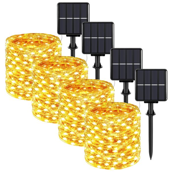 Extra-Long 288FT Solar Fairy String Lights, 4-Pack Each 72FT 200 LED Outdoor Twinkle Lights Waterproof, 8 Lighting Modes, Warm White Copper Wire Lights for Deck Backyard Tree Garden Fence Pool Party