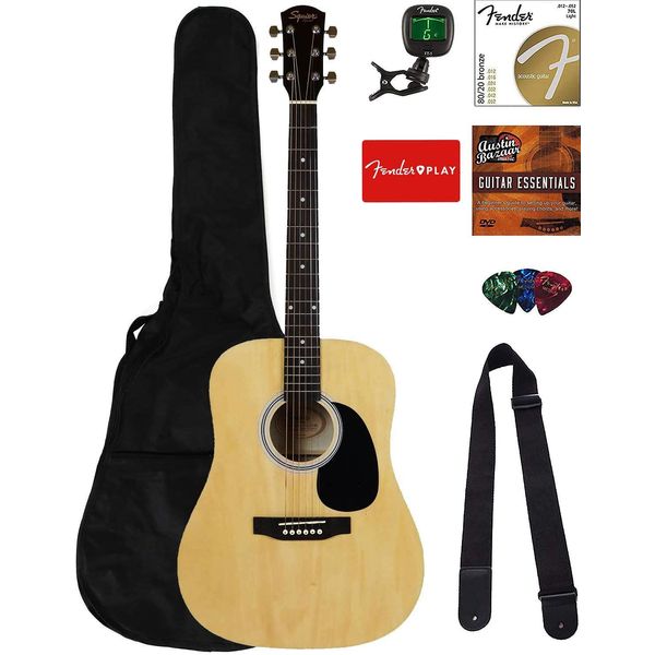 Fender Squier Dreadnought Acoustic Guitar - Natural Bundle with Gig Bag, Tuner, Strap, Strings, Picks, Fender Play Online Lessons, and Austin Bazaar Instructional DVD