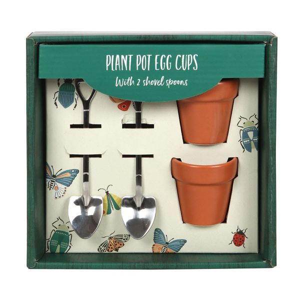 Classic Gardeners Egg Cups & Spoons - Plant Pot Egg Cups with Shovel Spoons - Set of 2