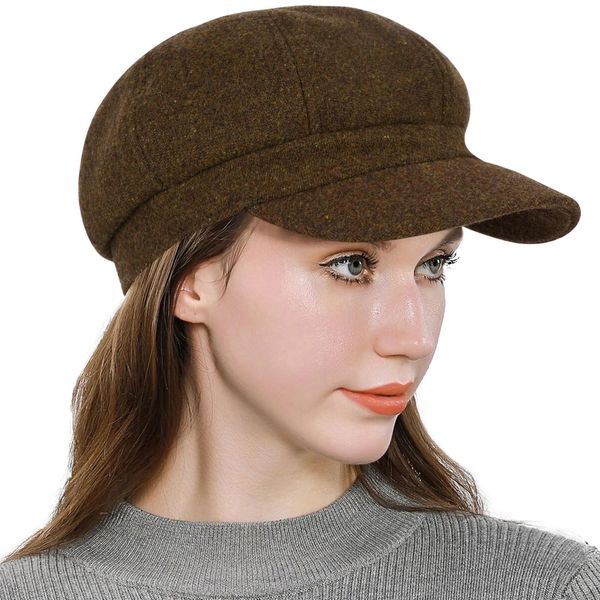 Women’s Fashion Newsboy Cap Wool Blend Retro Gatsby Cabbie Girls Visor Beret Hat Herringbone Beown