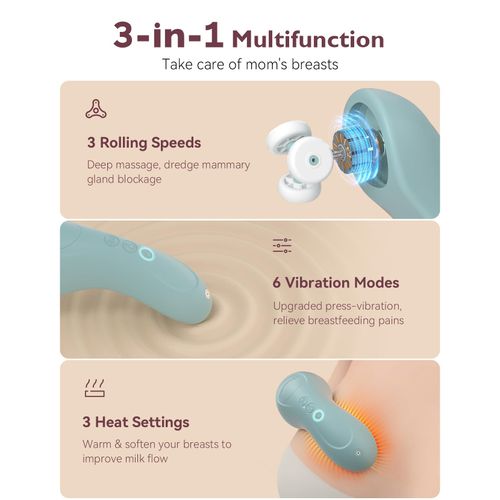 Momcozy Rolling Lactation Massager with Heat, 3-in-1 Real-Like Massage for Relieve Clogged Ducts, Breast Massager Warming for Breastfeeding, Improve Milk Flow, Blue-Green