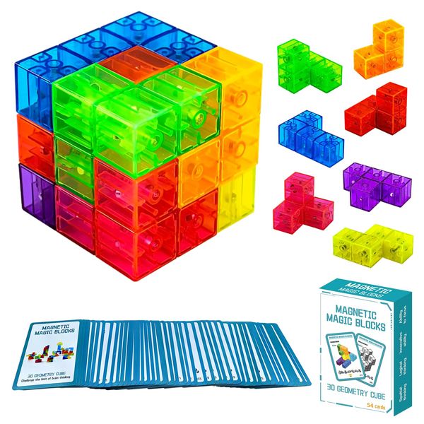 OUXIA Magnetic Building Blocks Magic Magnetic 3D Puzzle Cubes, Set of 7 Multi Shapes Magnetic Blocks with 54 Guide Cards, Children's Educational Toys and Stress Relief Fidget Toys for Kids Adults