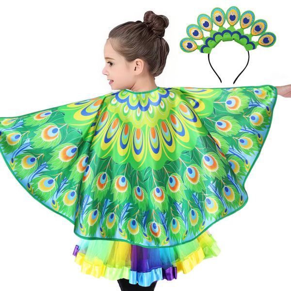 iROLEWIN Girls Peacock-Bird-Costume for Kids Feather Fairy Wings Headband and Tutu as Toddler Dress-up Christmas Party Gifts