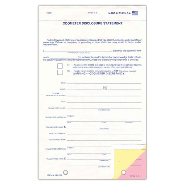 3-Part Odometer Disclosure Statement with No Screen (100 Forms per Pack)