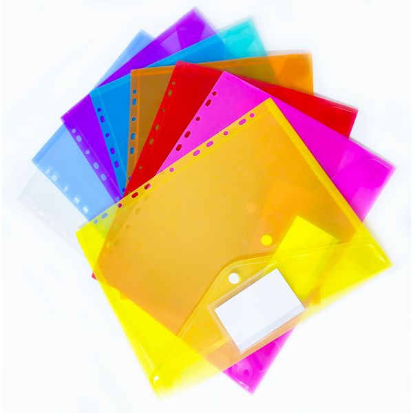 Document Folders A4 Document Wallet with Velcro Closure 18C Document Folders for Filing Assorted Transparent Multi-Coloured Transparent with 11 Hole Edge Including Labels (8, Multi-Colour)