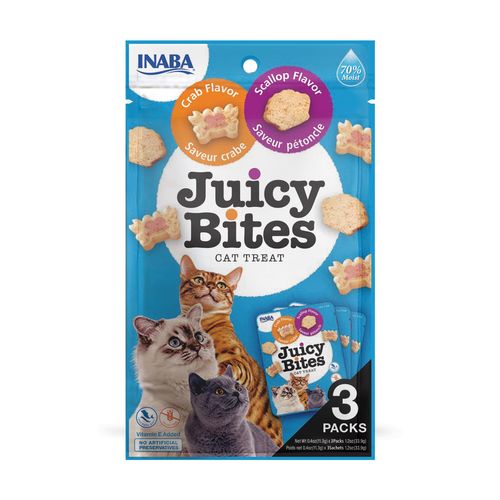INABA Juicy Bites, Moist & Chewy Cat Treats with Vitamin E and Green Tea Extract, 0.4 Ounces per Pouch, 3 Pouches, Scallop and Crab