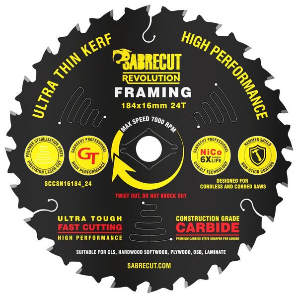 1 x SCCSN16184_24 SabreCut 184mm 24T x 16mm Bore High Performance Ultra Thin Kerf Wood Plywood MDF Chipboard Framing Circular Saw Blade Compatible with Dewalt Makita Milwaukee and Many Others