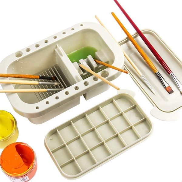 Paint Brush Washer Basin, 3-in-1 Artist Paint Brush Cleaner Pot with Brush Holder, Mixing Tray and Palette Box for Watercolor and Oil Painting Brush Cleaning and Drying