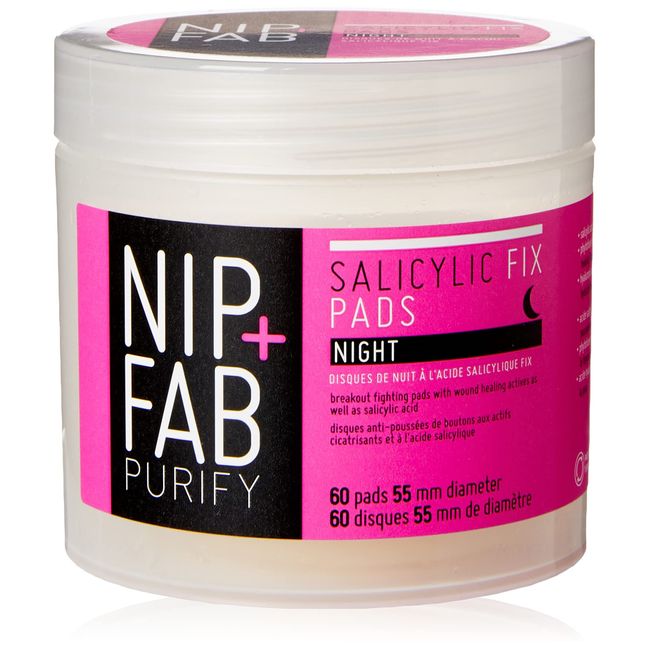 Nip + Fab Salicyclic Fix Night Pads for Face with Hyaluronic Acid, Exfoliating Facial Pad BHA Exfoliant for Skin Hydration Acne Breakouts and Blemishes, 60 Pads, 2.7 Ounce