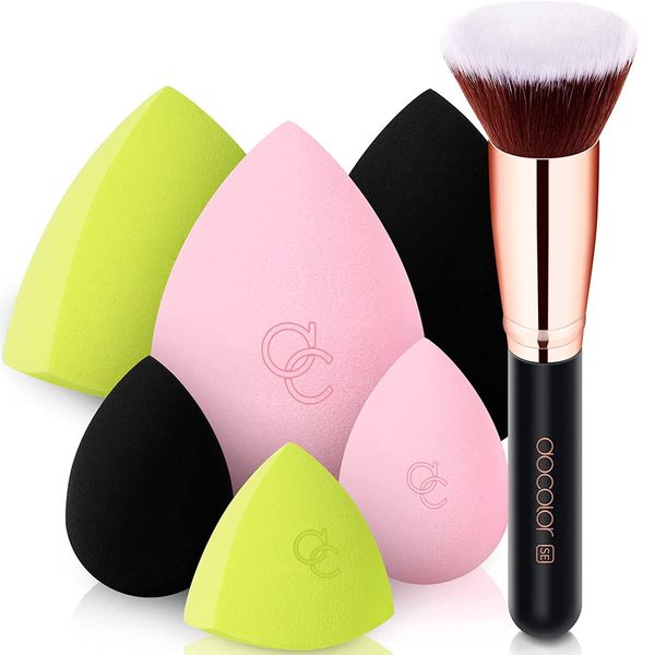 Docolor 6+1Pcs Make up Sponges with Foundation Blending Brush Kabuki Foundation Brush Professional Foundation Sponge Beauty Sponge Beauty Makeup Blender for Stippling Liquid Blending Face Brush