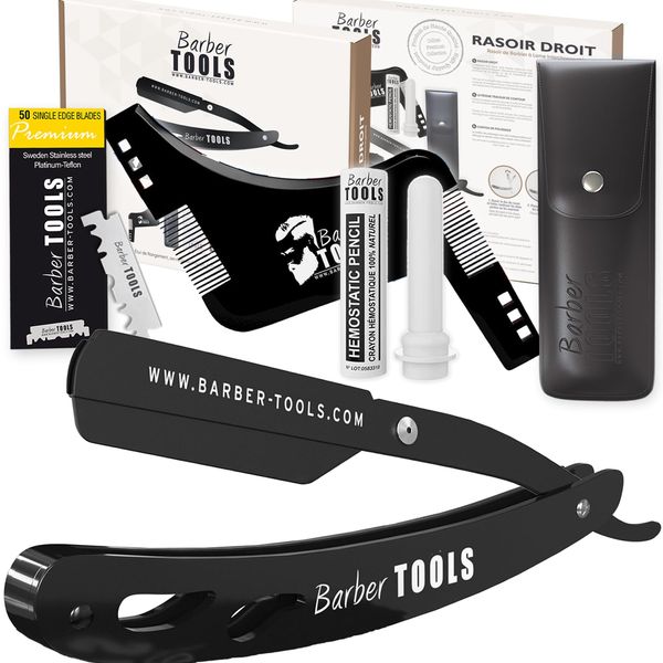 Herren Rasier-Set - Männer Rasiermesser/Barbiermesser - mit 50 Einzelklingen + Tuch + Alaunstift + Aufbewahrungsetui + Kammführung für Rasur -SCHWARZ- BARBER TOOLS