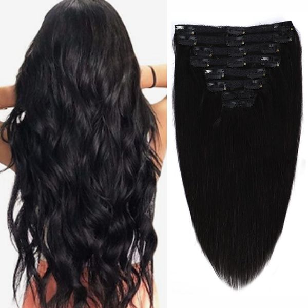 Clip-In Human Hair Extensions, 35 cm (14 inches),110g / 8 Pieces, Black Human Hair Extensions,Remy Real Hair Extensions,Clip in Black Hair Extensions 1# (Black)