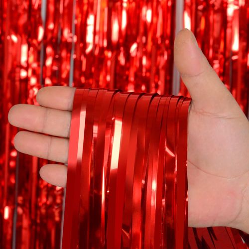 Red Metallic Tinsel Foil Fringe Curtains，Melsan 3.2 x 8 ft Foil Curtian Tinsel Backdrop Party Supplies for Birthday, Engagement, Christmas, Birthday, Anniversary, Valentine's Day - 3 Packs